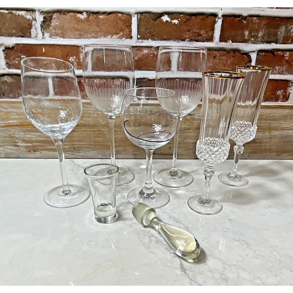 8pc Mixed Clear Glassware Set Gold Rim Fluted Wine/Champagne/Shot + Stopper